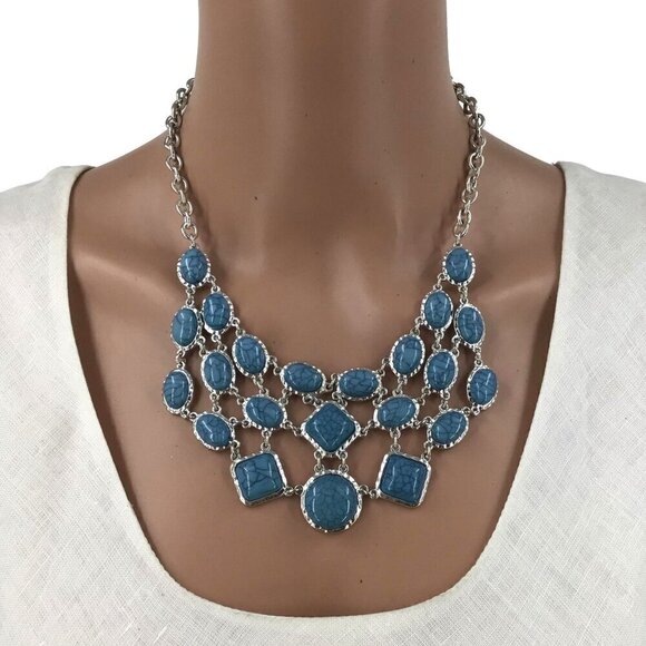 Bib Statement Necklace Silver Tone Blue Simulated Stone Lightweight Adjustable L - Picture 1 of 2